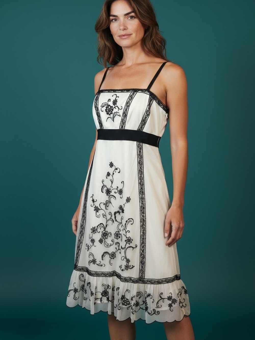 LOFT Black and White Embroidered Midi Dress